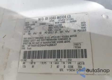 2010 Ford Ranger Xl/Xlt из США, поврежденный, VIN 1FTKR1ED9APA26637